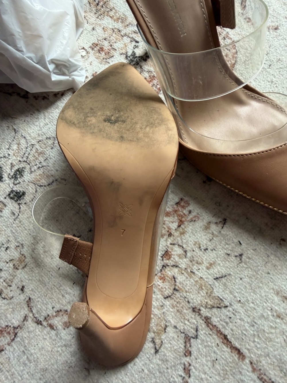 BCBGeneration Tan Pointed Toe Heels with Clear Vinyl Straps - Picture 3 of 5